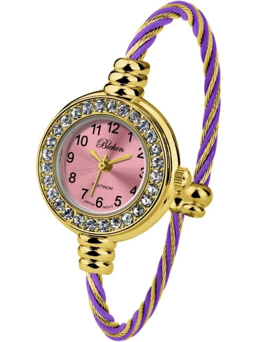 Women Gold And Purple Analog Cable Cuff Arabic Numbers Rhinestone Bracelet Watch